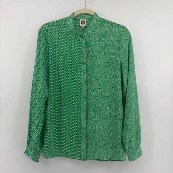 Anne Klein Tops - Anne Klein Blouse Green Size M Mixed Geometric Print Mandarin Collar